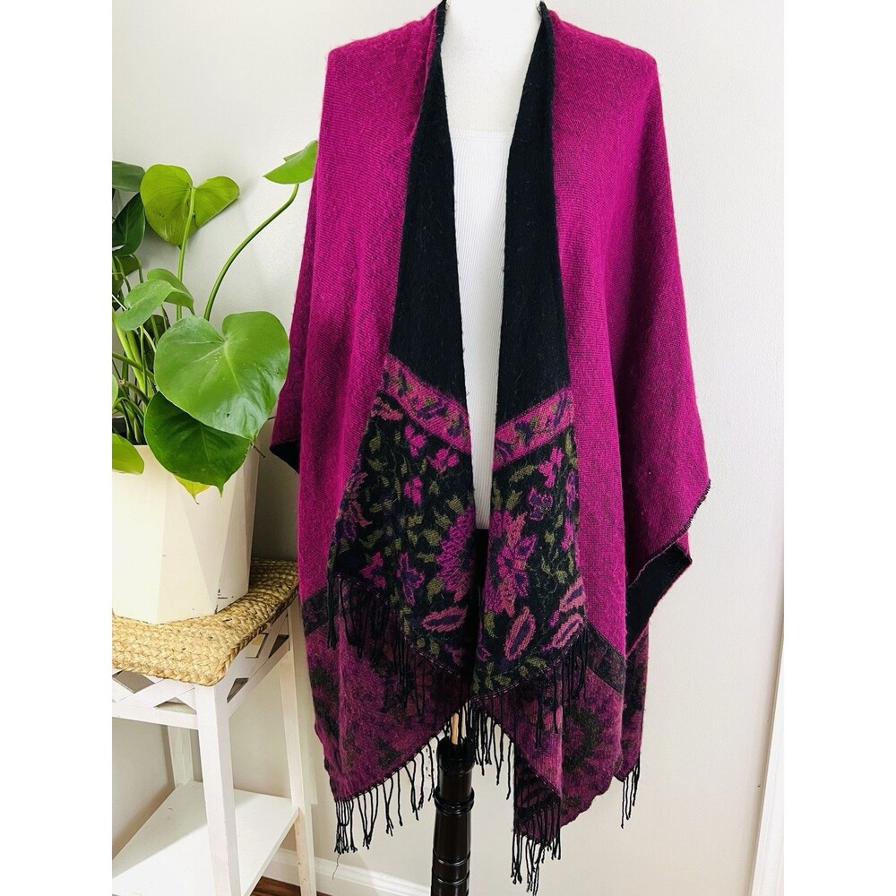 Gorgeous Reversible Super Soft Cozy Floral Wrap Fringed Romantic Fuchsia & Black
